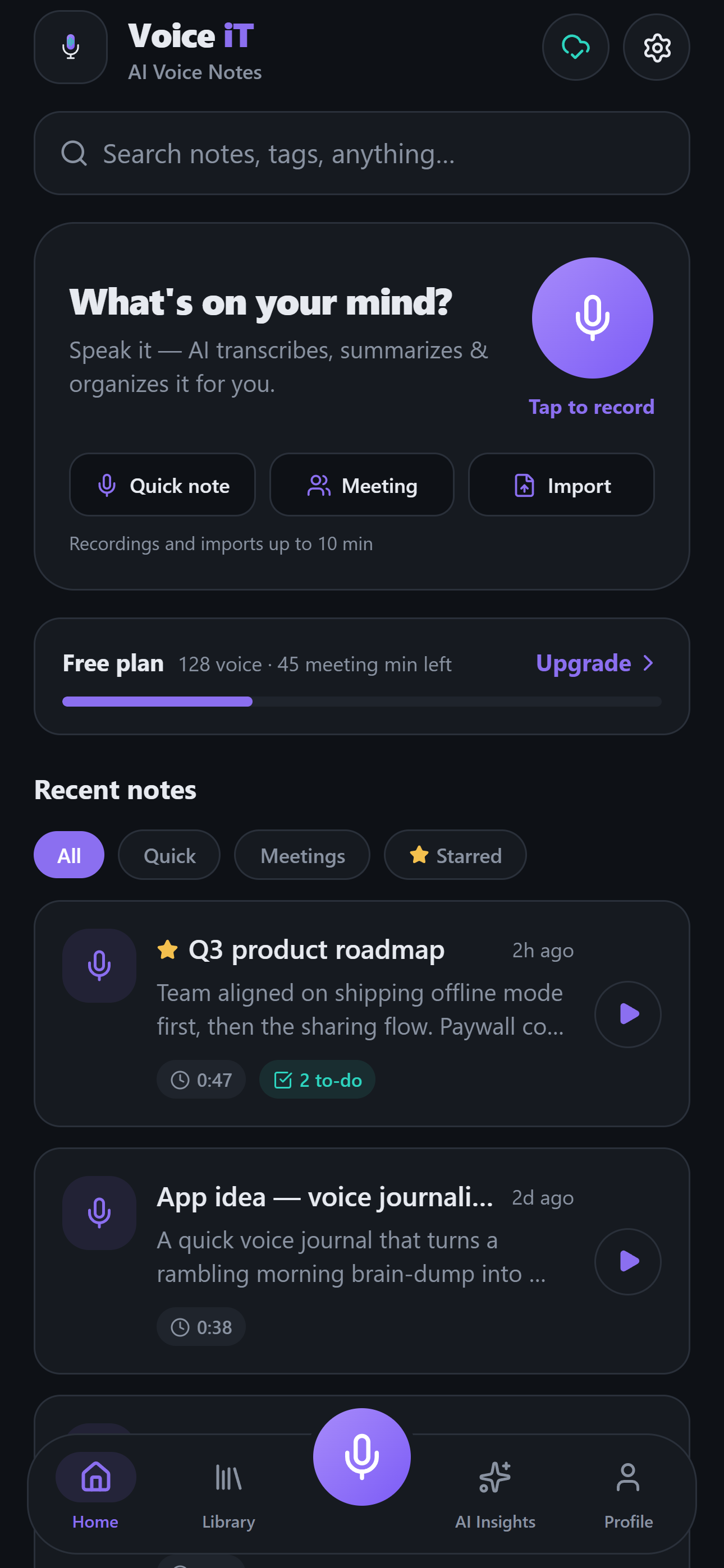 Voice iT home screen with recent voice notes and search