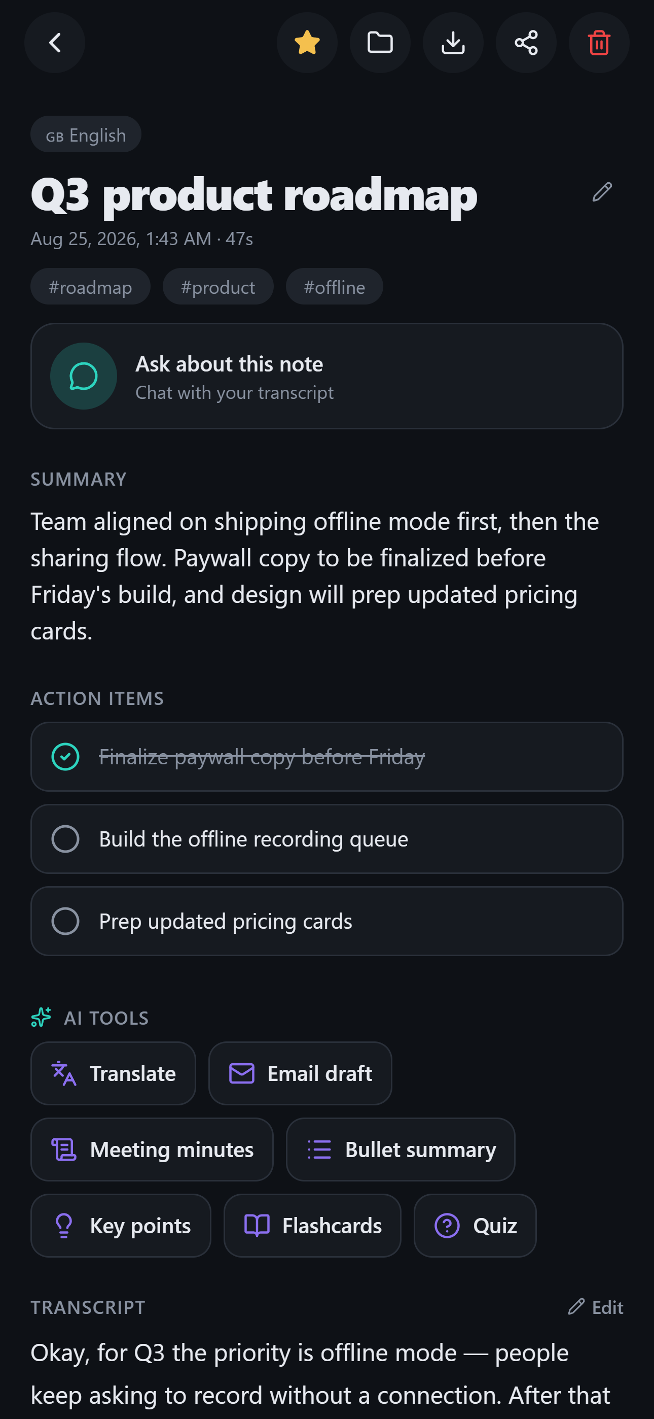 Voice iT note showing an AI summary and action items